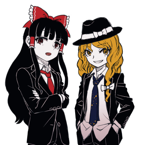 2girls black_hair black_headwear black_pants blonde_hair blue_necktie bow braid brown_eyes collared_shirt crossed_arms formal grin hair_bow hair_tubes hakurei_reimu hands_in_pockets hat kirisame_marisa long_hair long_sleeves lowres meimaru_inuchiyo multiple_girls necktie open_mouth pants red_bow red_necktie shirt sidelocks simple_background single_braid smile suit touhou white_background white_shirt yellow_eyes