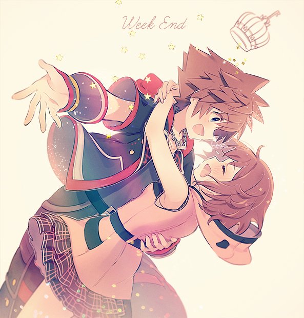 1boy 1girl arms_around_neck belt black_shirt blue_eyes breasts brown_hair chain_necklace closed_eyes couple crown dancing dress english_text hair_between_eyes hand_on_another's_back hetero hood hood_down hooded_dress hoodie jewelry kairi_(kingdom_hearts) kingdom_hearts kingdom_hearts_iii looking_at_another multicolored_clothes multicolored_hoodie necklace open_mouth outstretched_arms pink_dress plaid shirt short_hair short_sleeves signature sleeveless sleeveless_dress small_breasts smile sora_(kingdom_hearts) spiky_hair star_(symbol) upper_body xpo917