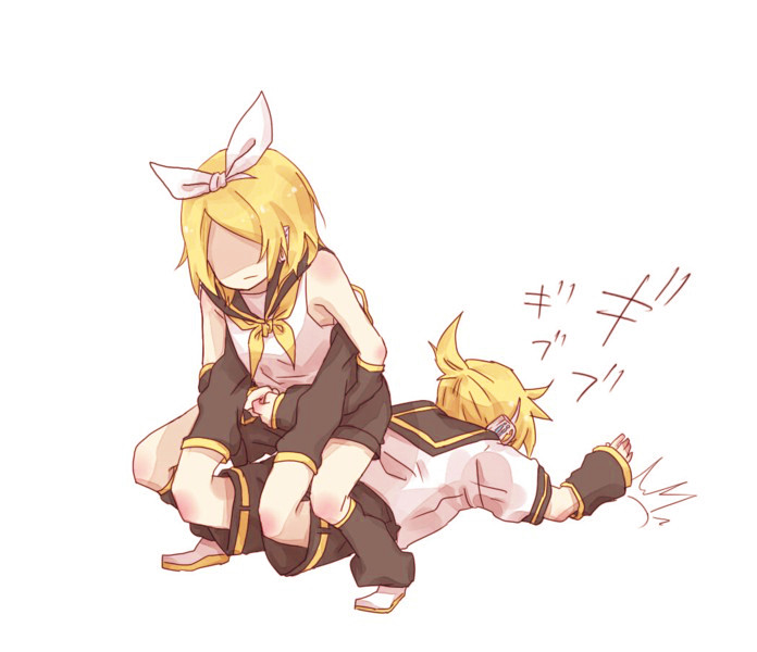 1boy 1girl bangs black_sailor_collar black_shorts black_sleeves blonde_hair bow commentary detached_sleeves faceless faceless_female frown fumiharu hair_bow headphones kagamine_len kagamine_rin leg_warmers lying neckerchief no_eyes on_stomach own_hands_together posture_request restrained sailor_collar school_uniform shaded_face shirt short_hair short_ponytail short_shorts short_sleeves shorts sleeveless sleeveless_shirt squatting swept_bangs translated vocaloid white_bow white_shirt yellow_neckerchief