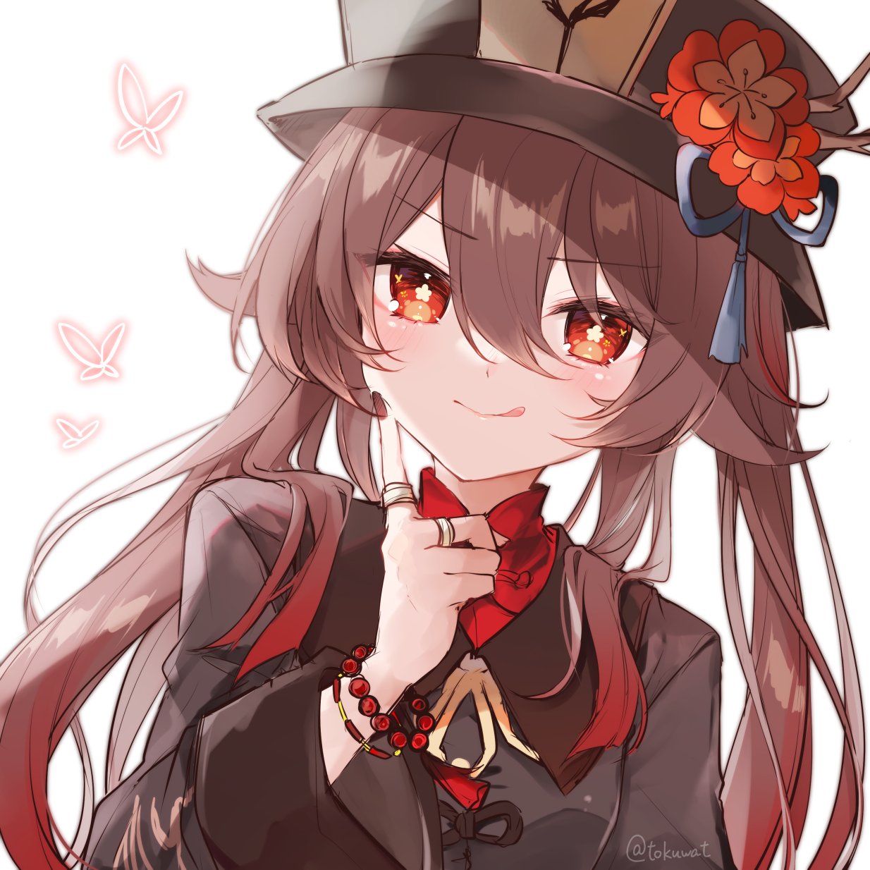 1girl :q bangs blush bracelet brown_coat brown_hair brown_headwear brown_nails bug butterfly coat collared_shirt commentary_request eyes_visible_through_hair flower flower-shaped_pupils fukunoki_tokuwa genshin_impact glowing_butterfly hair_between_eyes hair_over_shoulder hand_on_own_cheek hand_on_own_face hand_up hat hat_flower hat_ornament high_collar highres hu_tao_(genshin_impact) index_finger_raised jewelry long_hair looking_at_viewer orange_flower pearl_bracelet pink_butterfly plum_blossoms porkpie_hat red_eyes red_shirt ribbon ring shirt sidelocks simple_background sleeves_past_elbows solo symbol-shaped_pupils talisman tassel tongue tongue_out twitter_username upper_body v-shaped_eyebrows white_background yellow_ribbon
