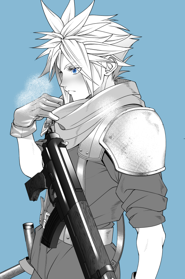 1boy adjusting_scarf armor belt blue_background blue_eyes blush breath cloud_strife crisis_core_final_fantasy_vii earrings final_fantasy final_fantasy_vii gloves gun harness jewelry ko102k1 long_sleeves machine_gun male_focus monochrome pants protected_link scarf short_hair shoulder_armor single_earring sleeves_rolled_up solo spiky_hair steam suspenders upper_body weapon younger