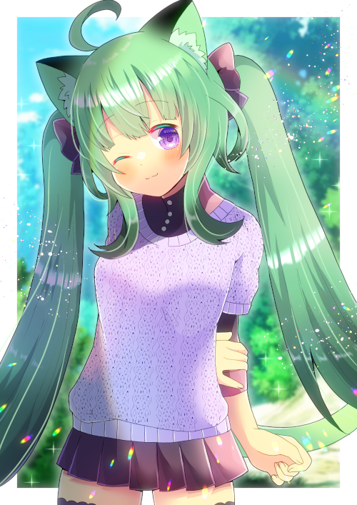 1girl ;) ahoge animal_ear_fluff animal_ears arm_behind_back black_bow black_shirt black_skirt blurry blurry_background bow breasts closed_mouth commentary_request commission copyright_request cowboy_shot day depth_of_field green_hair hair_bow head_tilt kou_hiyoyo layered_sleeves lens_flare long_hair long_sleeves looking_at_viewer one_eye_closed pleated_skirt purple_sweater shirt short-sleeved_sweater short_over_long_sleeves short_sleeves skeb_commission skirt small_breasts smile solo standing sweater tail thigh-highs twintails very_long_hair violet_eyes