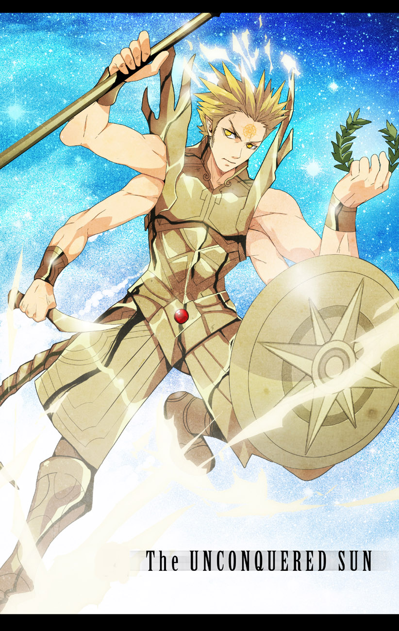 1boy armor blonde_hair exalted extra_arms forehead_mark four_arms full_body gem god gold_armor holding_knife holding_object holding_shield holding_spear holding_weapon knife male_focus male_only mazjojo muscular_male shield spear spiked_hair star_(symbol) starry_background text the_unconquered_sun v-shaped_eyebrows weapon yellow_eyes