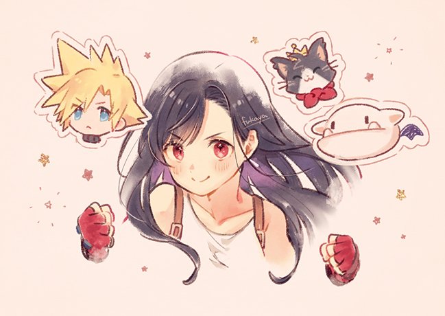 1boy 1girl bare_shoulders black_hair blonde_hair blue_eyes blush cait_sith_(ff7) clenched_hands cloud_strife collarbone earrings final_fantasy final_fantasy_vii fingerless_gloves gloves jewelry long_hair moogle red_eyes red_gloves smile spiky_hair starry_background suspenders tank_top tifa_lockhart upper_body white_tank_top xpo917