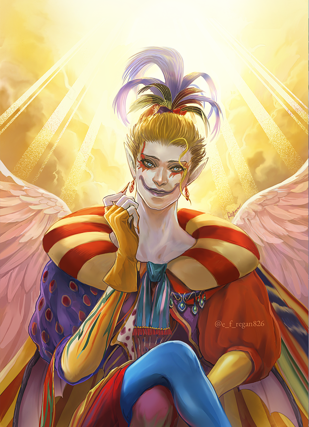 1boy backlighting blonde_hair blue_eyes cefca_palazzo clouds cloudy_sky clown crossed_legs earrings facepaint feather_hair_ornament feathers final_fantasy final_fantasy_vi fingerless_gloves fingernails gloves hair_ornament jewelry leggings long_sleeves male_focus multicolored_clothes pointy_ears ponytail puffy_sleeves purple_lips regan_(hatsumi) sharp_fingernails sky smile solo upper_body wings yellow_gloves