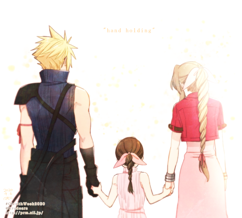 1boy 2girls aerith_gainsborough arm_ribbon armor bangle bare_arms black_gloves black_pants blonde_hair blue_shirt bracelet braid braided_ponytail brown_hair cloud_strife cropped_jacket dated dress english_text facing_away female_child final_fantasy final_fantasy_vii final_fantasy_vii_advent_children from_behind gloves hair_ribbon high_collar holding_hands jacket jewelry krudears long_hair marlene_wallace multiple_girls pants pink_dress pink_ribbon red_jacket ribbon shirt short_hair short_sleeves shoulder_armor shoulder_strap sleeveless sleeveless_shirt spiky_hair turtleneck_dress twitter_username upper_body web_address white_background