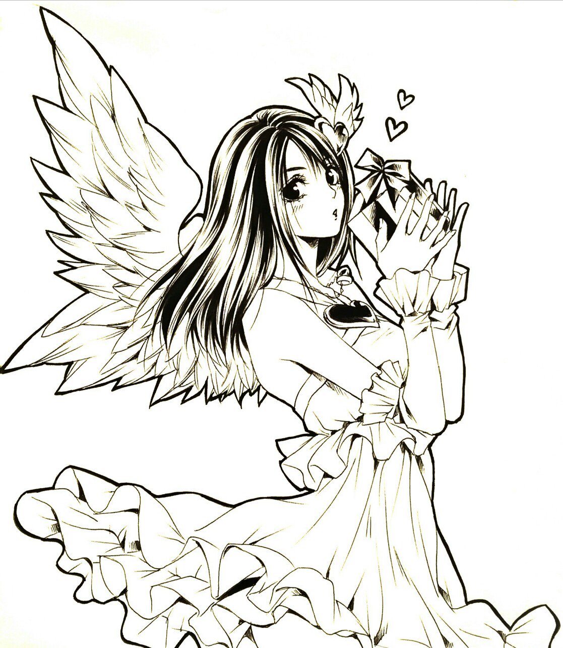 1girl angel_wings black_hair blush box breasts detached_sleeves dress feather_hair_ornament feathers final_fantasy final_fantasy_viii frilled_dress frills gift gift_box hair_ornament halterneck heart heart_hair_ornament high_contrast highres holding holding_box jewelry long_hair looking_at_viewer medium_breasts necklace official_alternate_costume puckered_lips rinoa_heartilly ruy solo upper_body white_background wings