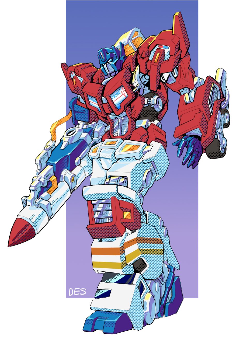 arm_cannon autobot blue_eyes cable ct990413 head_tilt highres leaning_forward open_hand optimus_prime science_fiction solo standing transformers weapon wheel