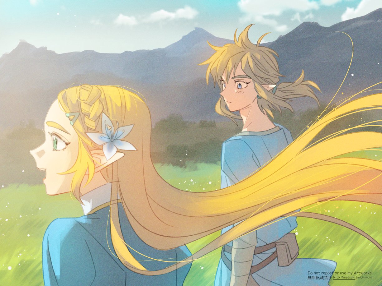 1boy 1girl blonde_hair blue_eyes blue_shirt blue_tunic blush braid earrings flower grass green_eyes hair_between_eyes hair_flower hair_ornament hairclip jewelry link long_hair looking_at_another looking_to_the_side low_ponytail mountain nito_minatsuki open_mouth outdoors pointy_ears princess_zelda shirt sidelocks smile the_legend_of_zelda the_legend_of_zelda:_breath_of_the_wild thick_eyebrows tree upper_body white_shirt wind