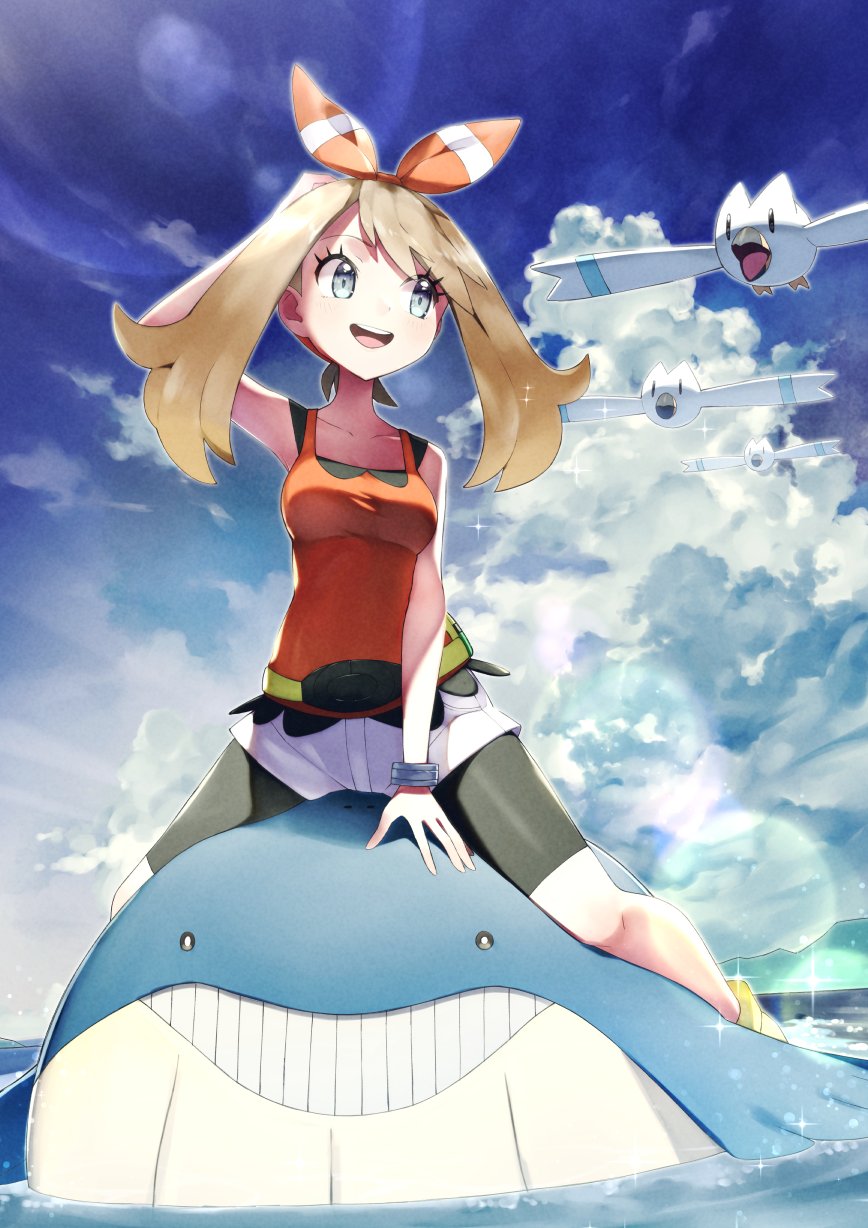 1girl :d bangs black_shorts blue_sky bow bracelet brown_hair clouds cloudy_sky eyelashes grey_eyes hair_bow hand_on_own_head highres jewelry looking_at_another may_(pokemon) ocean open_mouth pokemon pokemon_(creature) pokemon_(game) pokemon_oras red_bow red_shirt riding riding_pokemon rindoriko shirt shorts shorts_under_shorts sky sleeveless sleeveless_shirt smile teeth upper_teeth wailmer white_shorts wingull