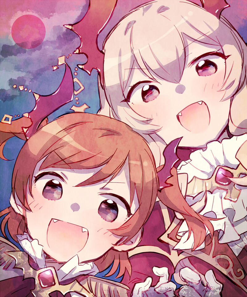 2girls :d aijou_karen ascot bangs blonde_hair blush brown_eyes brown_hair epaulettes fangs frilled_shirt_collar frills full_moon gem gloves hair_between_eyes hair_ornament hand_up high_collar jacket long_hair looking_at_viewer moon multiple_girls night official_alternate_costume open_mouth outdoors pink_eyes red_gemstone red_jacket red_moon saijou_claudine shirt short_hair shoujo_kageki_revue_starlight shoujo_kageki_revue_starlight_-re_live- side-by-side smile swept_bangs two_side_up upper_body v-shaped_eyebrows vampire wato_(ko) white_gloves white_shirt wing_hair_ornament