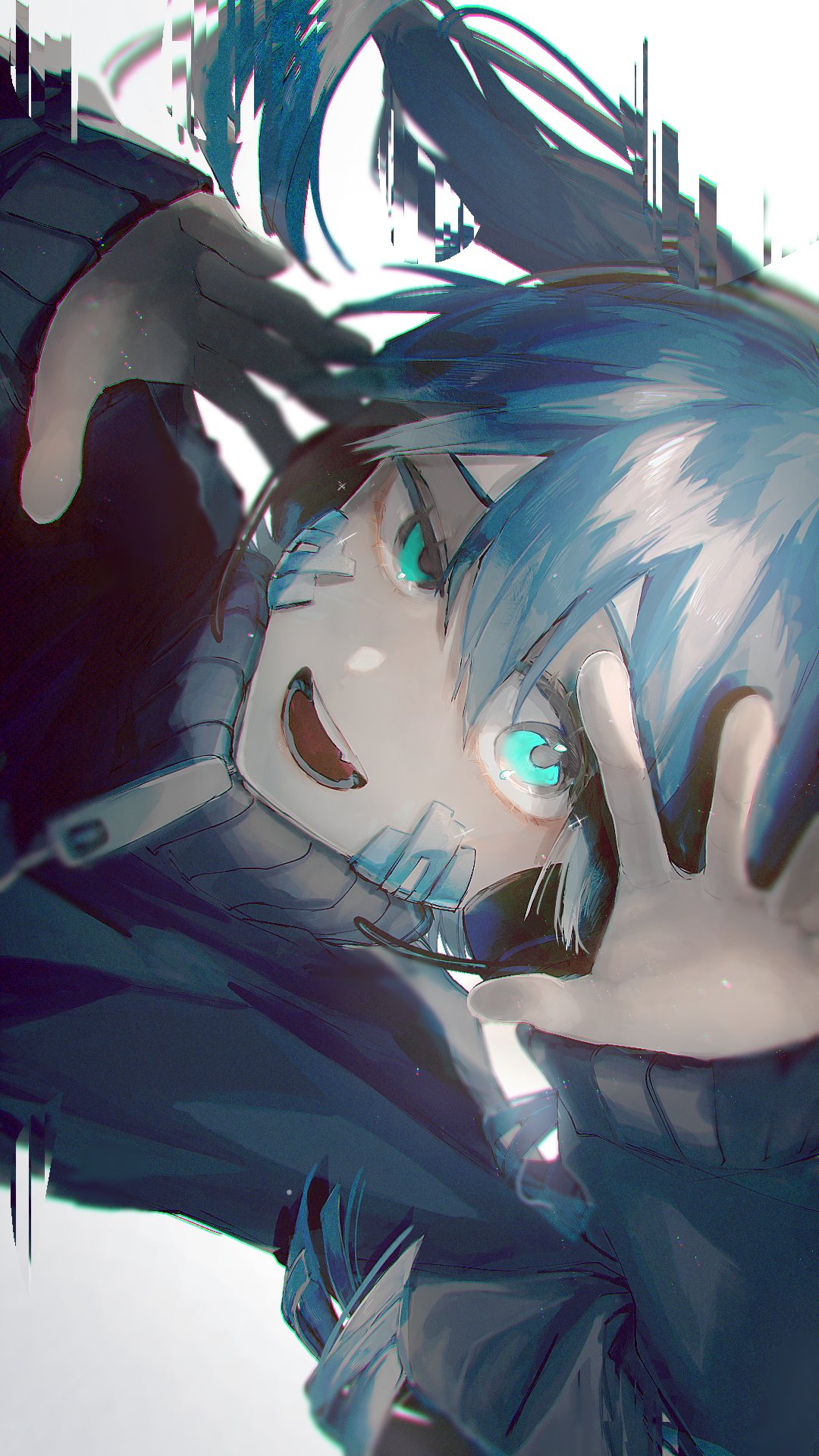 1girl blue_eyes blue_hair ene_(kagerou_project) facial_mark glitch hair_between_eyes hands_up headphones highres jacket kagerou_project looking_at_viewer mochigome_23 open_mouth sleeves_past_wrists smile solo teeth track_jacket twintails white_background zipper