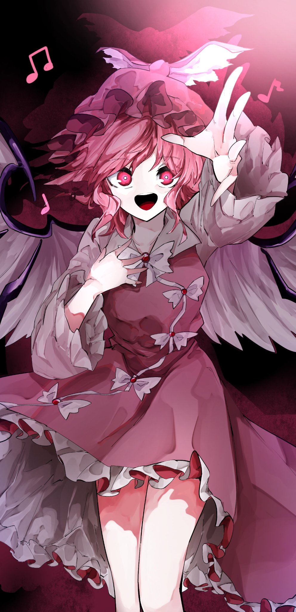 1girl animal_ears beamed_eighth_notes bird_ears bird_wings brown_dress brown_headwear collarbone dress earrings eighth_note feet_out_of_frame frilled_dress frilled_sleeves frills highres jewelry long_sleeves music musical_note mystia_lorelei open_mouth pink_eyes pink_hair short_hair singing single_earring solo touhou vivo_(vivo_sun_0222) white_wings winged_hat wings