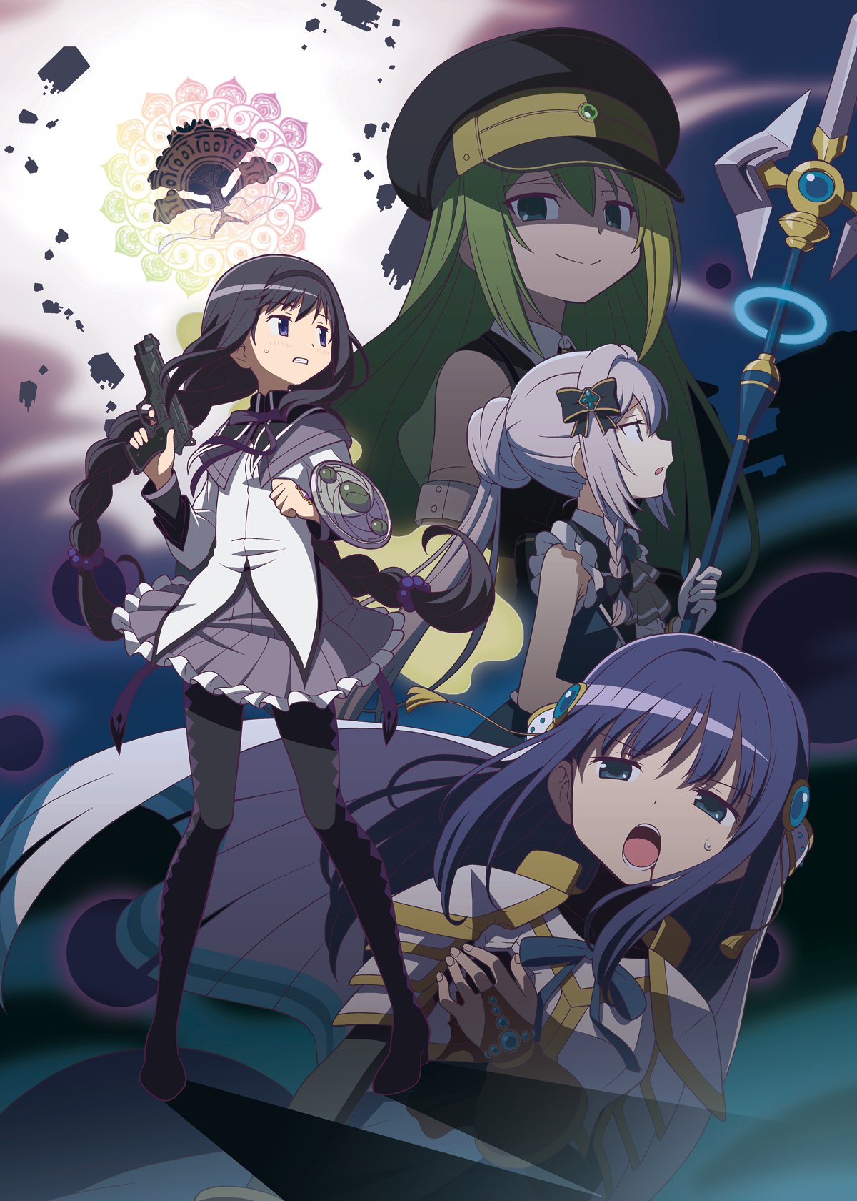 4girls akemi_homura alina_gray aqua_eyes arm_at_side armor arms_at_sides bangs black_bow black_hair black_hairband black_headwear black_shirt blonde_hair blood blood_from_mouth blue_gemstone blue_hair blush bow braid breastplate bridal_gauntlets clenched_hand clenched_teeth closed_mouth collar crazy_smile destruction determined dress frilled_sleeves frills from_side gecchu gem gloves green_gemstone green_hair grey_hair gun hair_between_eyes hair_bow hair_bun hair_intakes hairband halberd hand_on_own_chest hat headpiece highres holding holding_gun holding_weapon jabot layered_sleeves long_hair long_sleeves looking_ahead looking_at_viewer looking_to_the_side magia_record:_mahou_shoujo_madoka_magica_gaiden magical_girl mahou_shoujo_madoka_magica miniskirt multicolored_hair multiple_girls nanami_yachiyo official_style open_mouth parted_lips peaked_cap pleated_skirt polearm ponytail profile puffy_short_sleeves puffy_sleeves purple_gemstone purple_skirt see-through see-through_sleeves shirt short_sleeves side_braid sidelocks skirt smile split_mouth standing straight_hair streaked_hair sweat swept_bangs tassel teeth turtleneck twin_braids twintails veil very_long_hair violet_eyes walpurgisnacht_(madoka_magica) weapon white_armor white_collar white_dress white_gloves white_sleeves worried yakumo_mitama