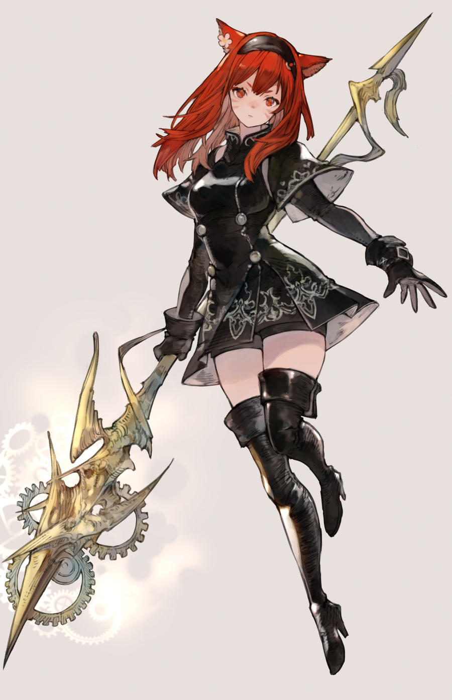 1girl animal_ears avatar_(ff14) bangs black_cape black_coat black_gloves black_thighhighs breasts cape cat_ears coat commentary_request dragoon_(final_fantasy) earrings facial_mark final_fantasy final_fantasy_xiv flower_earrings full_body gloves hairband high_heels highres holding holding_polearm holding_weapon jewelry kemomin_nosuke long_hair long_sleeves looking_at_viewer medium_breasts miqo'te polearm red_eyes redhead solo spear thigh-highs v-shaped_eyebrows weapon whisker_markings white_background