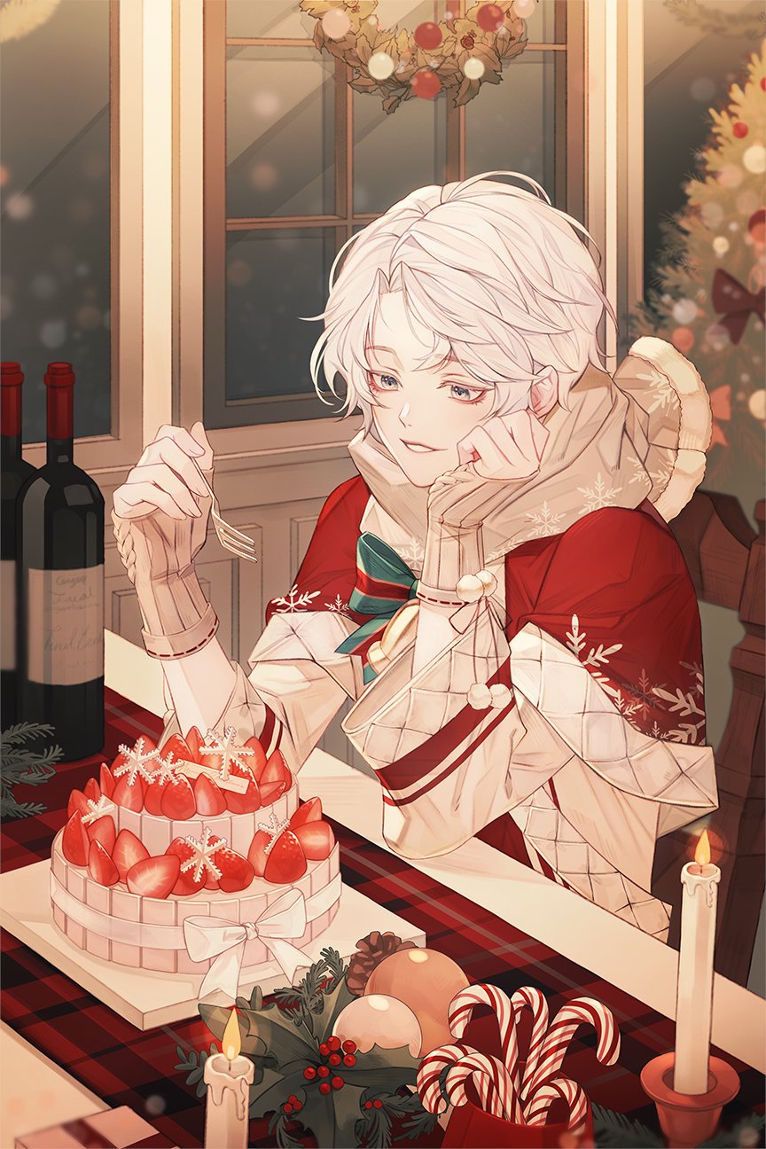 1boy bangs bishounen box cake candle candle_wax candlelight candy candy_cane christmas christmas_lights christmas_ornaments christmas_tree fingerless_gloves food fruit garam_(rkfka) gloves highres male_focus merry_christmas parted_bangs short_hair solo strawberry strawberry_shortcake white_eyes white_hair