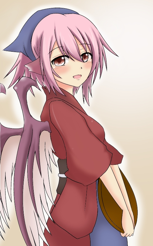1girl animal_ears bird_ears bird_wings blush hair_between_eyes head_scarf holding holding_tray japanese_clothes long_sleeves looking_at_viewer mystia_lorelei okamisty open_mouth pink_eyes pink_hair short_hair smile solo touhou tray upper_body white_wings wide_sleeves wings yuuto_(seiga)