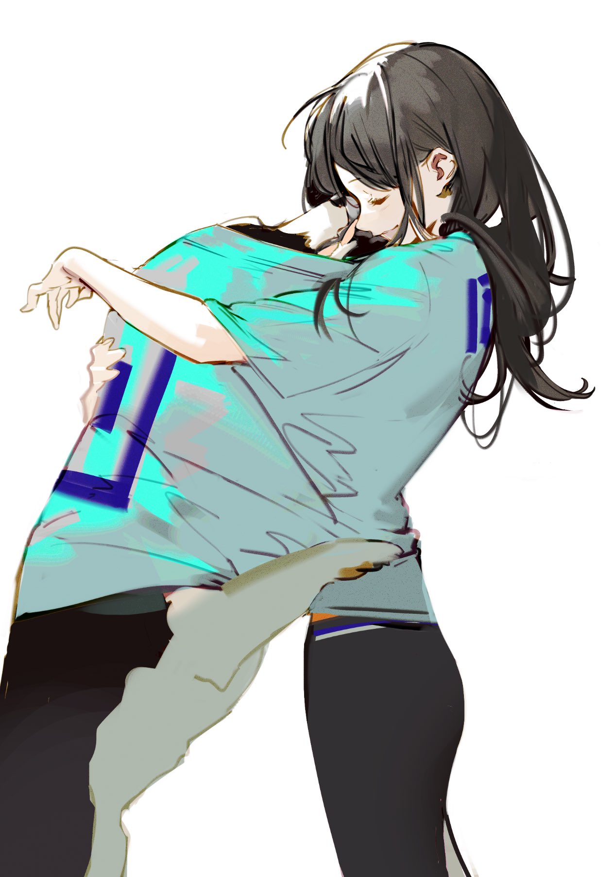 1girl animal animal_hug animal_in_clothes aqua_shirt black_hair closed_eyes closed_mouth copyright_request cowboy_shot dog highres long_hair messy_hair nineo outstretched_arms pants print_shirt profile shirt short_sleeves simple_background smile standing t-shirt tight tight_pants white_background