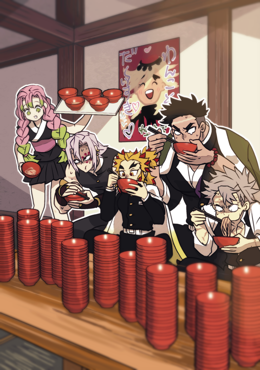 1girl bead_bracelet beads blind bracelet coat contest crossed_legs douma_(kimetsu_no_yaiba) eating facial_tattoo food food_in_mouth gloves green_eyes green_hair highres himejima_gyoumei ico_aico jewelry kanroji_mitsuri kimetsu_no_yaiba leather leather_belt long_hair miniskirt multicolored_hair multiple_boys muscular muscular_male noodles open_clothes open_coat open_mouth orange_hair pink_hair ponytail poster_(object) ramen red_eyes redhead rengoku_kyoujurou scar scar_on_arm scar_on_face scared shinazugawa_sanemi short_hair sitting skirt sleeveless spiky_hair sweat sweatdrop tattoo thick_eyebrows uniform uzui_tengen wood wooden_table