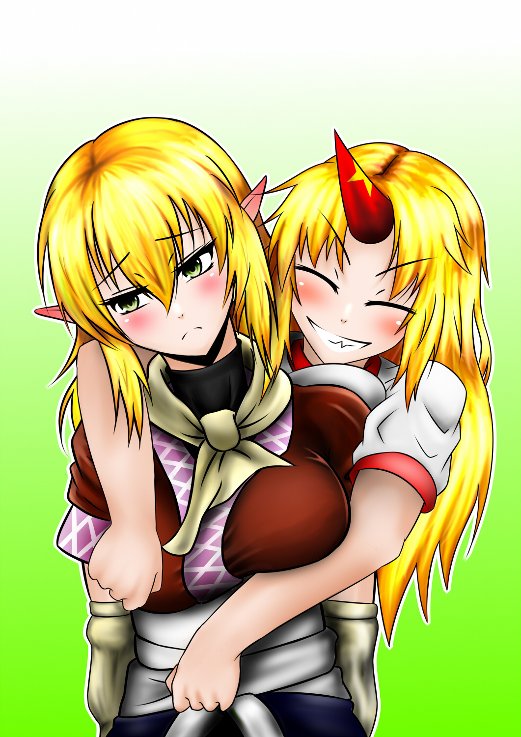 2girls blush gradient gradient_background green_background highres hoshiguma_yuugi hug hug_from_behind mizuhashi_parsee multiple_girls obi sash yuri zakusan