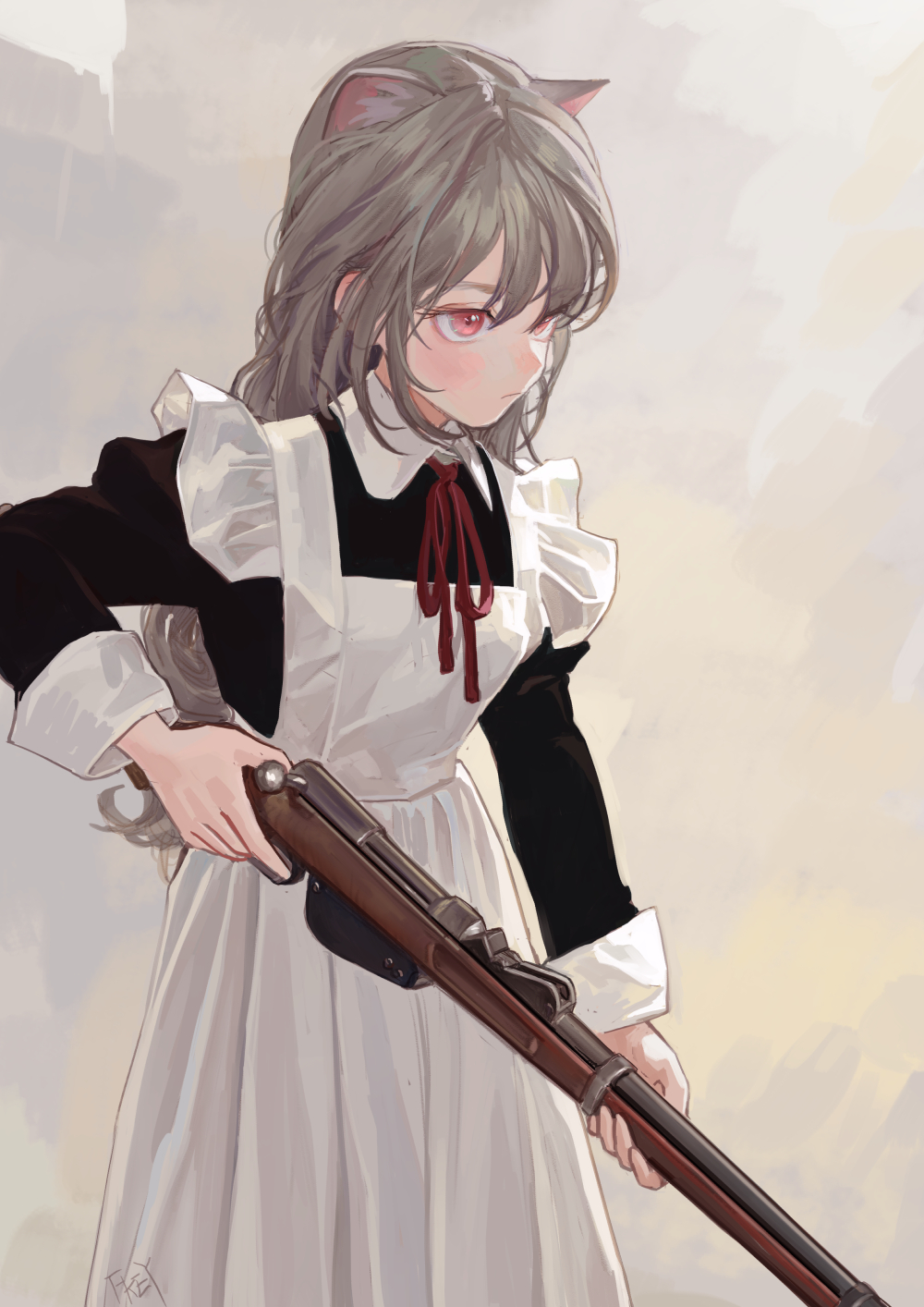 1girl animal_ear_fluff animal_ears apron bangs black_dress blush bolt_action breasts brown_hair cat_ears cat_girl dress eyelashes fkey frilled_apron frills gun highres holding holding_gun holding_weapon juliet_sleeves long_hair long_sleeves looking_away maid maid_apron neck_ribbon original puffy_sleeves red_eyes red_ribbon ribbon rifle roswaal_mansion_maid_uniform sidelocks sniper_rifle solo trigger_discipline weapon white_apron