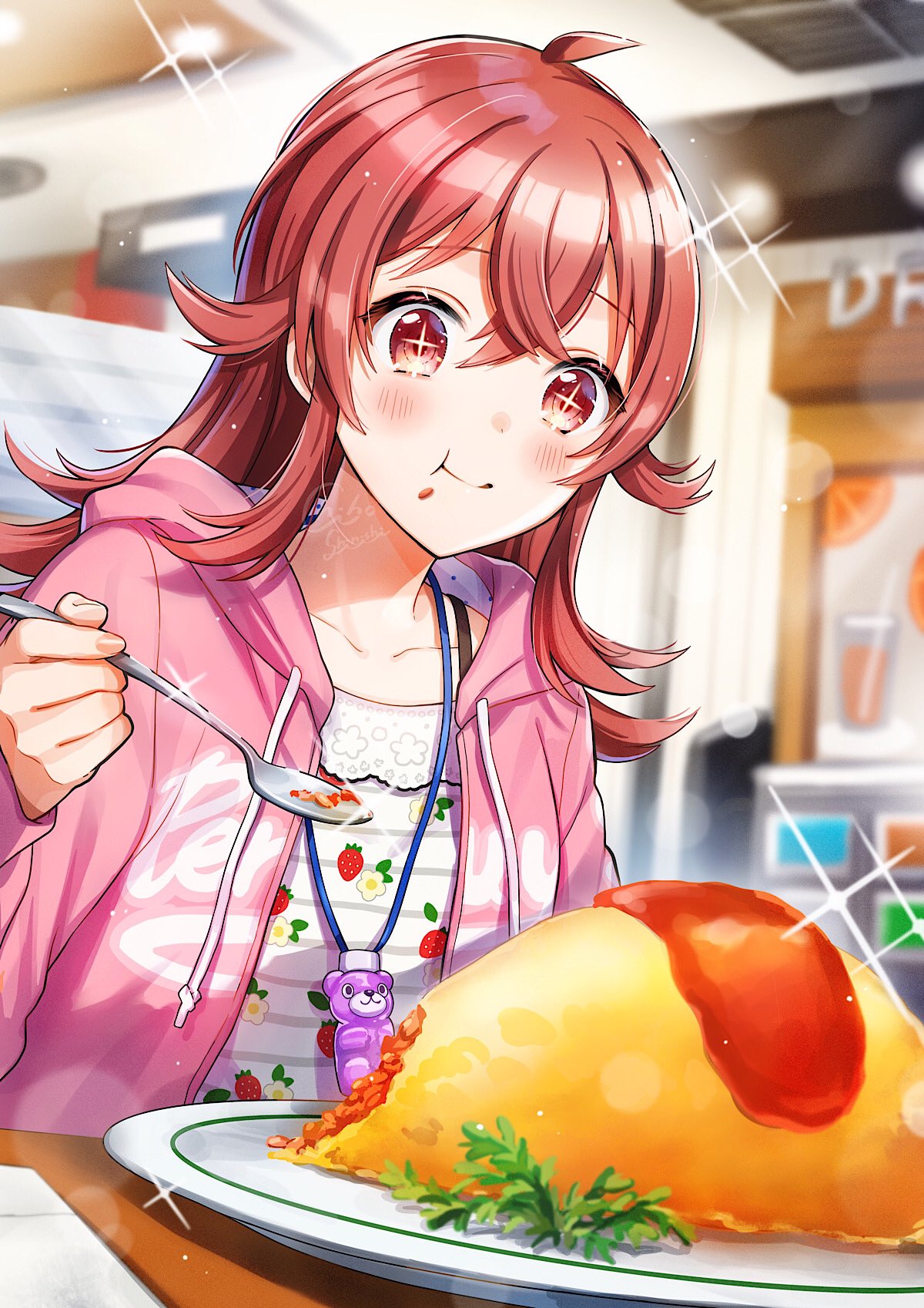 1girl ahoge bangs blurry blurry_background blush check_commentary commentary_request dot_nose eating flat_chest food food_on_face food_print hair_between_eyes hand_up highres holding holding_spoon hood hooded_jacket idolmaster idolmaster_shiny_colors indoors jacket ketchup komiya_kaho long_hair long_sleeves looking_ahead omurice pink_jacket piroshiki123 plate print_jacket print_shirt puffy_cheeks red_eyes redhead restaurant shirt smile solo sparkle sparkling_eyes spoon strawberry_print table upper_body white_shirt