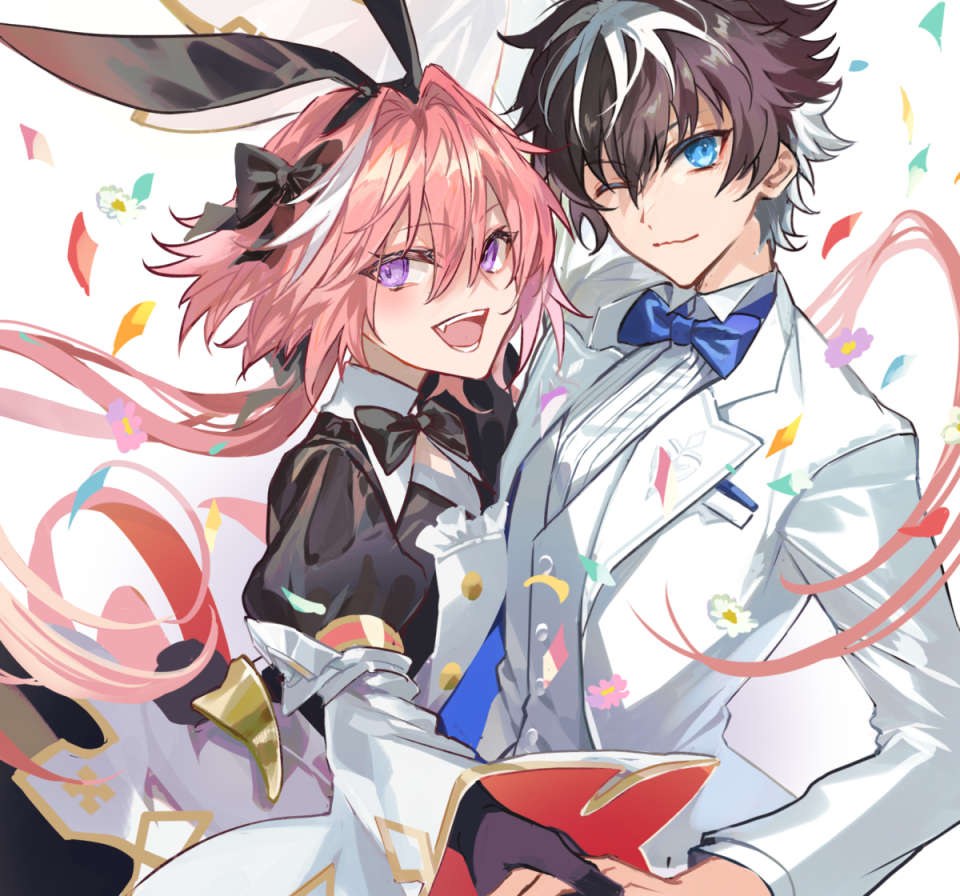 2boys astolfo_(fate) black_bow black_dress blue_bow blue_eyes bow brown_hair buttons charlemagne_(fate) closed_mouth collared_shirt dress fate/apocrypha fate/extella fate/extra fate/grand_order fate_(series) flower hair_between_eyes hair_bow jacket long_hair long_sleeves looking_at_viewer multiple_boys open_mouth pink_eyes pink_flower pink_hair poppoman shirt short_hair short_sleeves smile teeth upper_body white_background white_flower white_jacket white_shirt