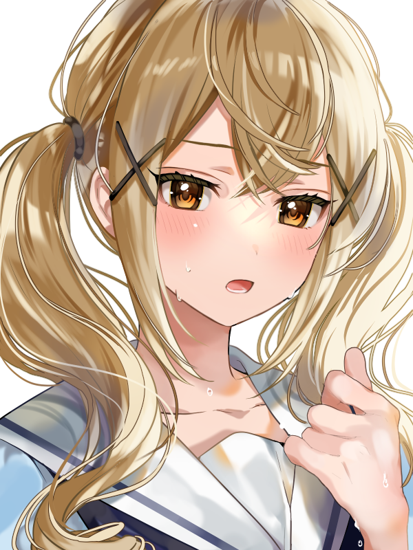 1girl bang_dream! bangs blonde_hair blue_shirt blush collarbone commentary_request crossed_bangs hair_between_eyes hair_ornament hanasakigawa_school_uniform hand_up hot ichigaya_arisa long_hair looking_at_viewer lower_teeth parted_lips portrait roko_(pe0e07) sailor_collar school_uniform serafuku shirt sidelocks simple_background solo sweat teeth twintails white_background white_sailor_collar x_hair_ornament yellow_eyes