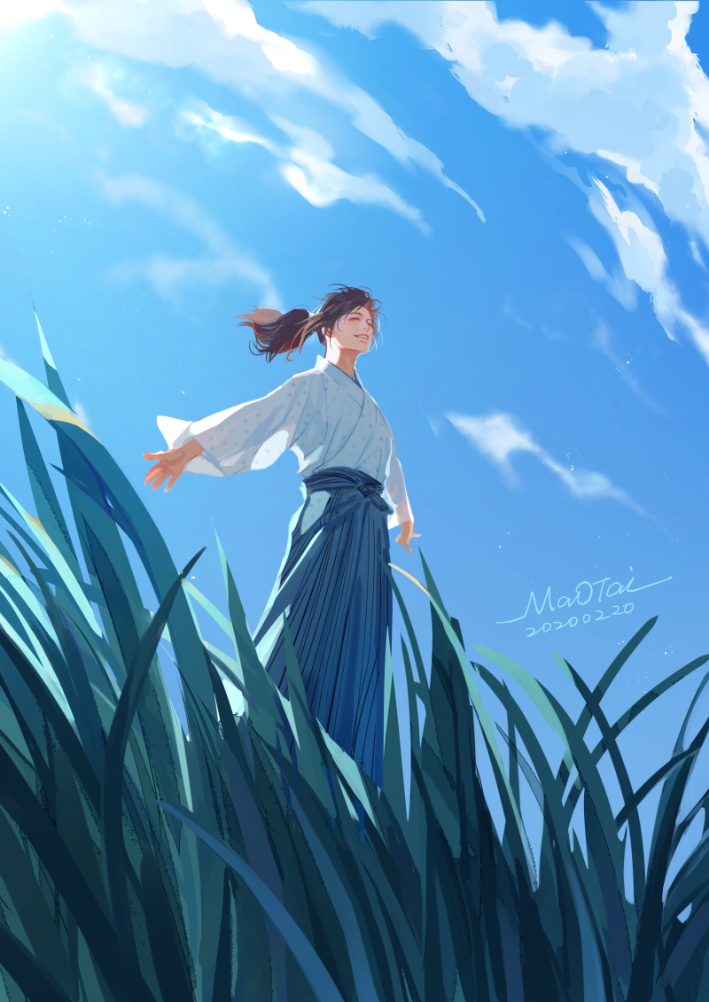 ^_^ artist_name bangs blue_hakama blue_sky closed_eyes clouds dated day field floating_hair from_below from_side grass hakama high_ponytail japanese_clothes kaze_hikaru long_hair long_sleeves male_focus maotai nature okita_souji_(kaze_hikaru) outdoors see-through_silhouette signature sky smile solo standing wide_sleeves wind