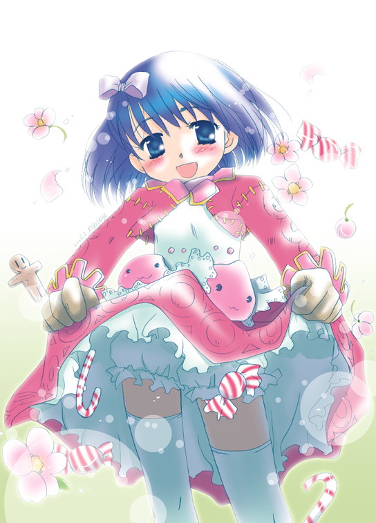 1girl :3 bangs bloomers blue_eyes blue_hair blush breasts brown_gloves candy candy_cane commentary_request feet_out_of_frame food gingerbread_man gloves jacket long_sleeves looking_at_viewer merchant_(ragnarok_online) okosama_lunch_(sendan) open_mouth pink_jacket pink_skirt poring ragnarok_online short_hair shrug_(clothing) skirt skirt_hold slime_(creature) small_breasts smile thigh-highs underwear white_bloomers white_thighhighs wrapped_candy