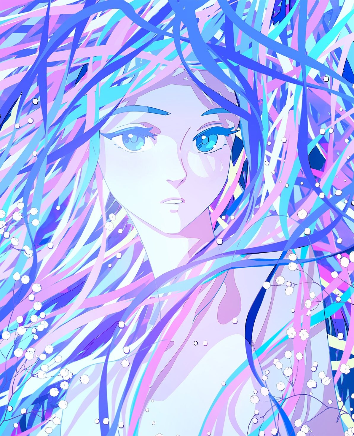 1girl abstract bare_shoulders blue_eyes highres looking_at_viewer nixeu original parted_lips plant_request portrait solo sunlight upper_body