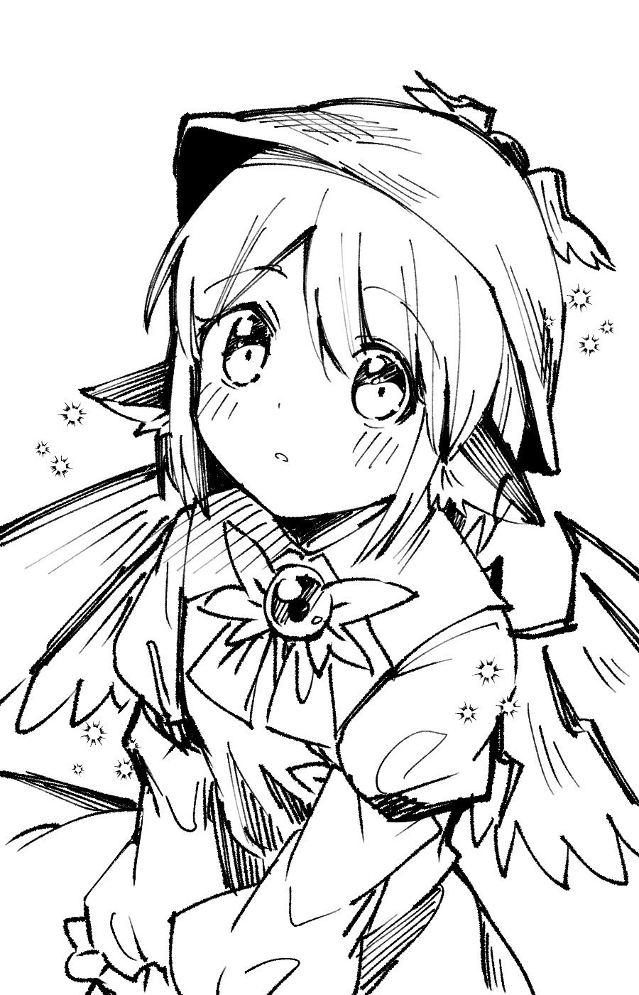 1girl animal_ears bird_ears bird_wings blush dress earrings frilled_sleeves frills greyscale highres jewelry juliet_sleeves kapuchii long_sleeves monochrome mystia_lorelei parted_lips puffy_sleeves short_hair simple_background single_earring sketch solo touhou upper_body white_background winged_hat wings
