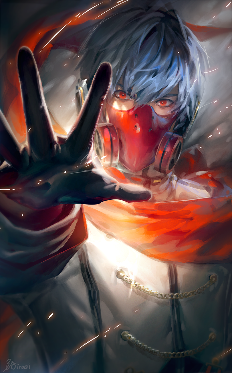 1boy blue_hair cape collar foreshortening gas_mask general_(module) gloves headphones highres iroai_midodo jacket kaito_(vocaloid) looking_at_viewer male_focus mask reaching_out red_eyes short_hair sparks vocaloid white_jacket