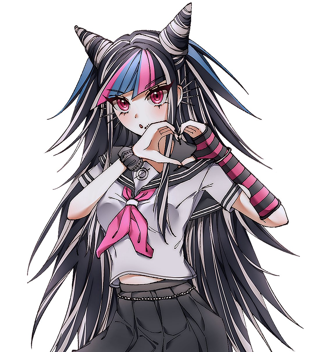 1girl :o asymmetrical_legwear bangs black_hair black_sailor_collar black_skirt blue_hair blunt_bangs danganronpa_(series) danganronpa_2:_goodbye_despair grey_background grey_shirt hair_horns heart heart_hands highres jewelry long_hair mioda_ibuki mismatched_legwear mouth_piercing multicolored_hair necklace piercing pink_eyes pink_hair sailor_collar school_uniform serafuku shirt simple_background sionronpa skirt solo torn_clothes torn_legwear white_hair