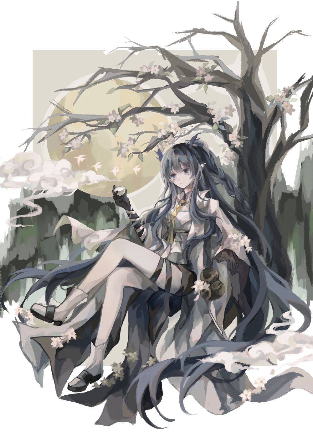 1girl absurdly_long_hair arknights bare_tree black_footwear black_gloves black_shorts blue_eyes blue_hair braid choko_(cup) closed_mouth clouds collared_shirt commentary cup dragon_horns flower full_body full_moon gloves gourd highres holding holding_cup horns leaf ling_(arknights) long_hair long_sleeves looking_afar moon necktie pink_flower pointy_ears sandals shirt shorts sidelocks single_braid sitting smile socks solo thigh_strap tree very_long_hair white_shirt white_socks wide_sleeves yellow_necktie zaolin_rinn