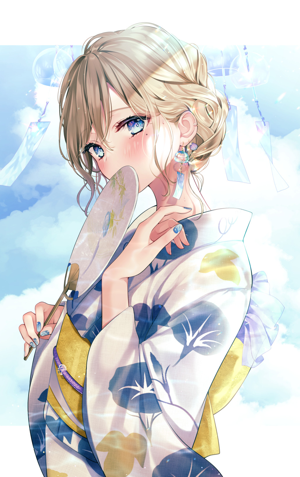 1girl blue_eyes blue_nails blue_sky brown_hair clouds cloudy_sky commentary_request covering_mouth day earrings eyelashes floral_print hand_fan hand_up head_tilt highres holding holding_fan japanese_clothes jewelry kimono long_sleeves mole mole_under_eye nail_art nail_polish obi original paper_fan sash sky solo sweatdrop uchiwa upper_body white_kimono wide_sleeves yugirlpict yukata