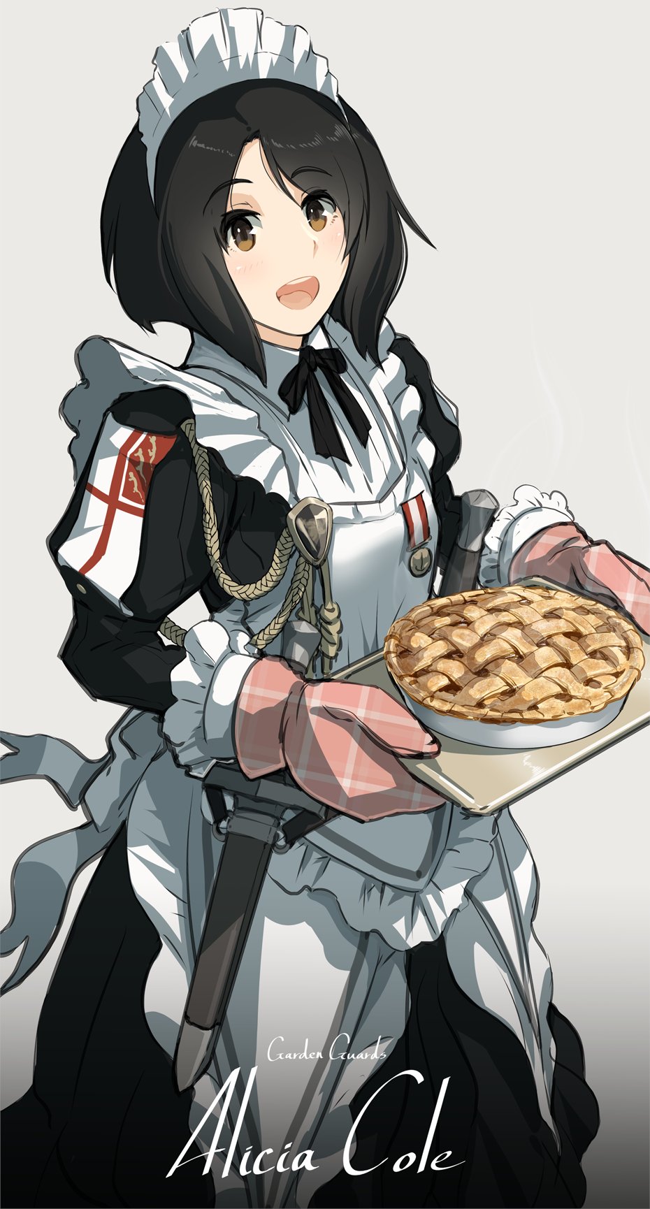 1girl alicia_cole apron artist_name asterisk_kome background_text black_dress black_hair black_ribbon brown_eyes character_name coat_of_arms commentary_request dagger dress english_text food frilled_apron frilled_sleeves frills gloves happy highres holding knife looking_at_viewer maid maid_apron maid_headdress medal medium_hair military neck_ribbon open_mouth original oven_mitts pastry pie puffy_sleeves revision ribbon scabbard sheath sheathed sidelocks simple_background smile solo sword teeth tray vambraces weapon white_background