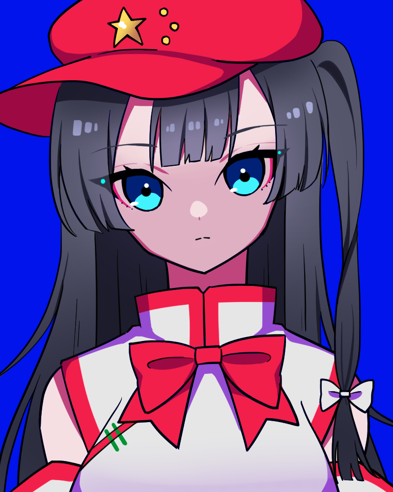 1girl bangs bare_shoulders black_hair blue_eyes blunt_bangs bow bowtie breasts cabbie_hat closed_mouth commentary_request detached_sleeves expressionless flat_cap hair_bow hat hat_ornament kumeri0804 label_girl_(dipp) long_hair looking_at_viewer mandarin_collar medium_breasts red_bow red_bowtie red_headwear side_ponytail solo star_(symbol) star_hat_ornament touhou upper_body very_long_hair vest white_bow white_sleeves white_vest