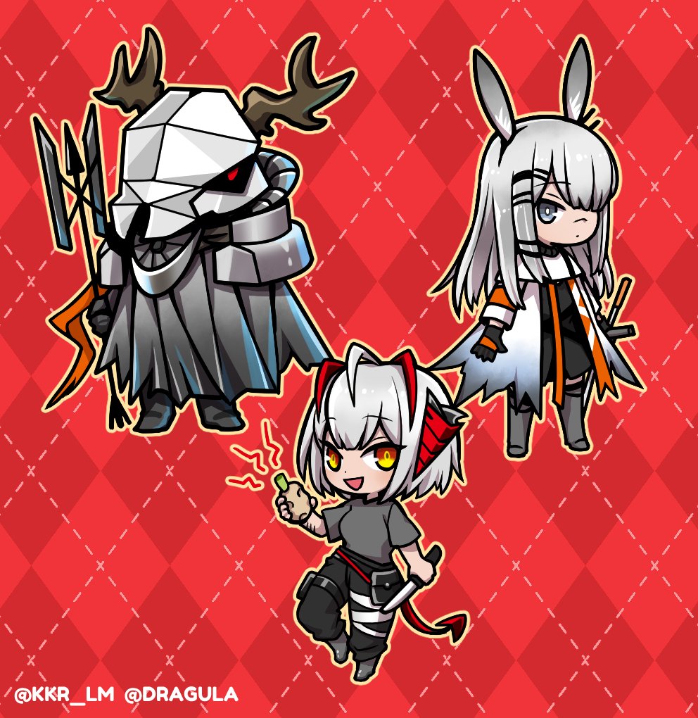 1boy 2girls :d ahoge alugard animal_ears antennae argyle argyle_background arknights black_dress black_pants boots chibi coat demon_girl demon_horns demon_tail dress ear_ornament food frostnova_(arknights) full_body grey_eyes grey_footwear grey_hair grey_shirt grey_thighhighs hair_ornament hair_over_one_eye hairclip holding holding_food holding_knife holding_polearm holding_weapon horns knife long_hair looking_at_viewer multiple_girls official_alternate_costume one_eye_covered open_clothes open_coat open_mouth orange_ribbon pants patriot_(arknights) polearm potato rabbit_ears rabbit_girl red_background red_eyes ribbon scar scar_on_arm scar_on_face scar_on_nose shirt short_hair simple_background smile tail thigh-highs thigh_pouch twitter_username w_(arknights) w_(fugue)_(arknights) weapon white_coat