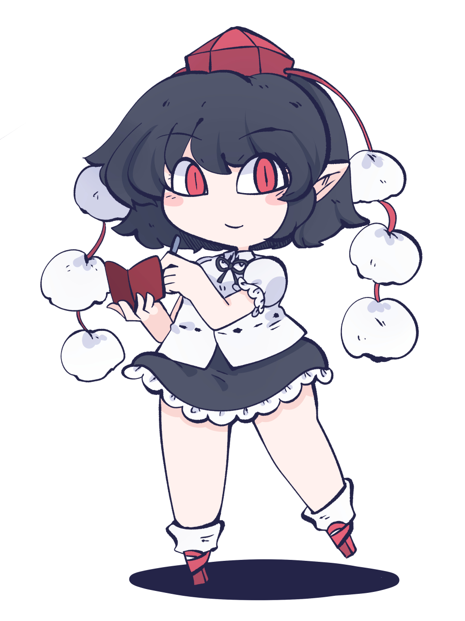 1girl black_hair black_skirt blush_stickers closed_mouth collared_shirt fried_rice0614 frilled_skirt frills full_body geta hat highres holding holding_pen one-hour_drawing_challenge pen pointy_ears pom_pom_(clothes) red_eyes red_headwear shameimaru_aya shirt short_hair short_sleeves simple_background skirt smile solo tengu-geta tokin_hat touhou white_background white_shirt