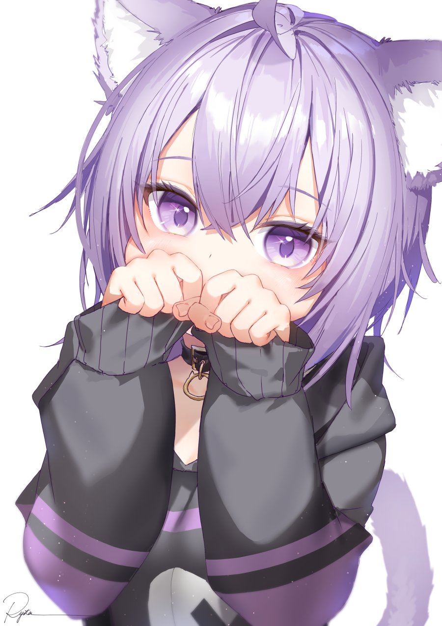 1girl ahoge animal_ear_fluff animal_ears bangs black_collar black_hoodie cat_ears cat_tail collar covering_mouth hair_between_eyes hands_up highres hololive hood hoodie light_particles long_sleeves looking_at_viewer nekomata_okayu purple_hair ryota_(ry_o_ta) signature simple_background sleeves_past_wrists solo tail tail_raised upper_body violet_eyes virtual_youtuber white_background