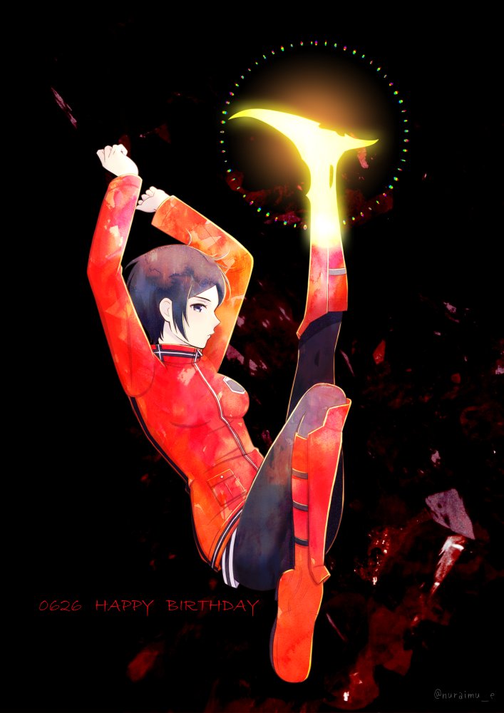 1girl arms_up bangs black_background black_hair black_pants blade blood boots breasts dated energy_blade english_text full_body glowing jacket kicking kitora_ai knee_boots knee_up leg_up long_sleeves looking_at_viewer nuraimu_e pants profile prosthesis prosthetic_leg red_footwear red_jacket running_blades shards short_hair solo tight tight_pants twitter_username world_trigger
