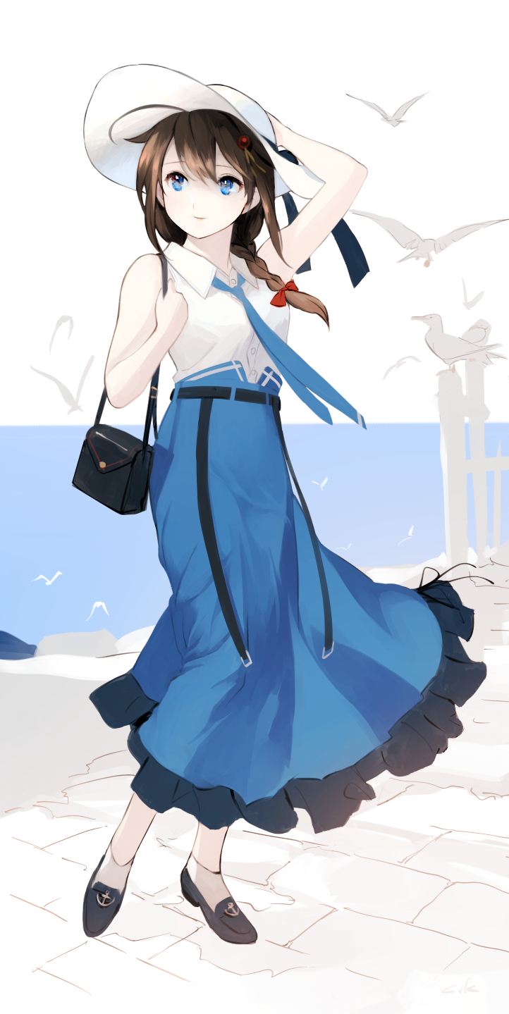 1girl ahoge bag black_hair blue_eyes blue_necktie blue_skirt braid chagen_kokimu dress_shirt hair_flaps hair_ornament hair_over_shoulder hat highres kantai_collection long_hair looking_back necktie official_alternate_costume shigure_(kancolle) shirt single_braid skirt solo sun_hat white_headwear white_shirt