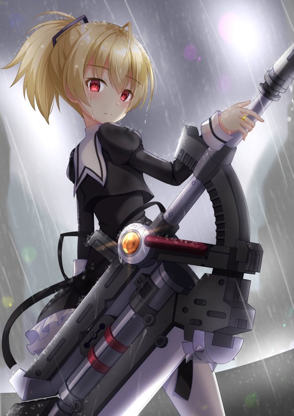 1girl ahoge andou_tazusa assault_lily bangs black_ribbon black_skirt blonde_hair blurry blurry_background closed_mouth commentary_request cowboy_shot cropped_jacket expressionless frilled_skirt frills from_behind gungun_(hakutou7887) hair_between_eyes hair_ribbon hand_up high-waist_skirt holding holding_weapon jewelry juliet_sleeves lens_flare light_blush long_sleeves looking_at_viewer looking_back miniskirt outdoors overcast pantyhose ponytail puffy_sleeves rain red_eyes ribbon ring school_uniform short_hair skirt solo standing water_drop weapon weapon_behind_back wet wet_hair white_pantyhose yurigaoka_girls_academy_school_uniform