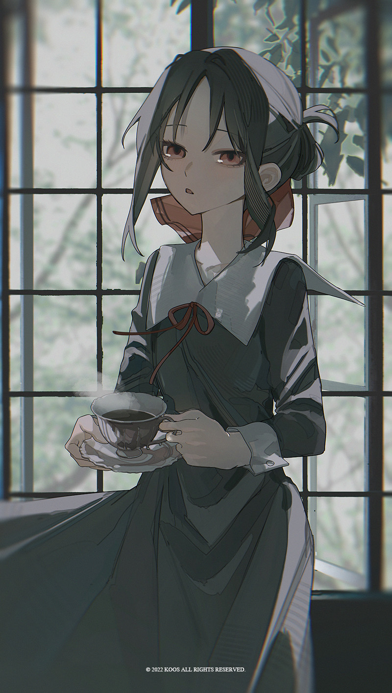 1girl artist_name bangs black_dress black_hair coffee commentary cup dress folded_ponytail hair_ribbon highres holding holding_cup holding_saucer k00s kaguya-sama_wa_kokurasetai_~tensai-tachi_no_renai_zunousen~ looking_at_viewer mug parted_bangs parted_lips red_eyes red_ribbon ribbon saucer school_uniform shinomiya_kaguya shuuchiin_academy_school_uniform sidelocks solo steam teacup watermark window