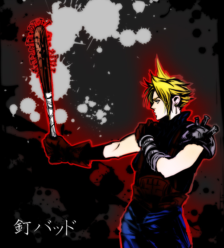 1boy armor bangs baseball_bat belt black_background black_shirt blonde_hair blood blood_splatter blue_pants cloud_strife earrings fighting_stance final_fantasy final_fantasy_vii gloves hand_on_own_shoulder holding holding_baseball_bat jewelry karameruderei nail nail_bat outstretched_arm pants parted_bangs profile shirt short_hair shoulder_armor single_earring sleeveless sleeveless_turtleneck solo spiky_hair suspenders turtleneck upper_body