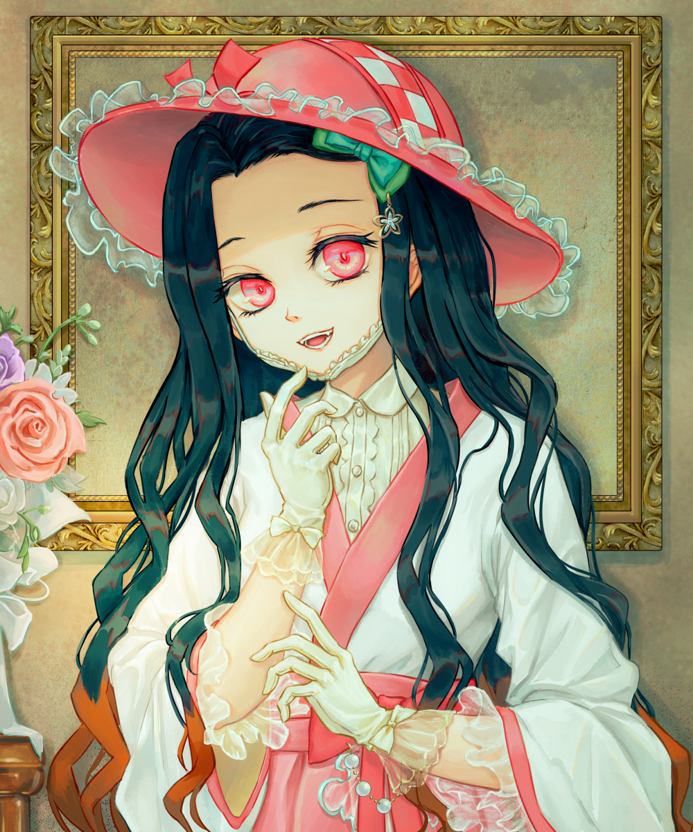 1girl beads black_hair bow checkered_clothes collared_shirt commentary_request fashion flower frilled_hat frilled_sleeves frills gloves green_bow hair_bow hair_ornament hakama hand_up hat hat_ribbon highres japanese_clothes kamado_nezuko kerokeroyeah kimetsu_no_yaiba kimono long_hair long_sleeves multicolored_hair open_mouth orange_hair picture_frame pink_bow pink_flower pink_hakama pink_headwear pink_rose ribbon rose see-through shirt smile solo star_(symbol) star_hair_ornament streaked_hair taishou two-tone_hair upper_body vase wavy_hair white_bow white_gloves white_shirt