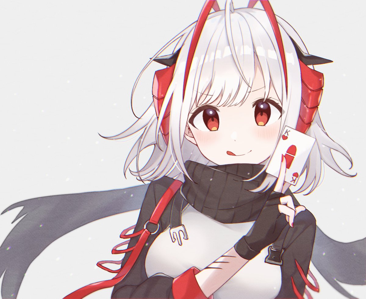 1girl :q ahoge antennae arknights black_gloves black_jacket black_scarf blush breasts bullet card commentary demon_horns fingerless_gloves gloves grey_hair grey_shirt holding holding_card horns jacket king_of_hearts_(card) looking_at_viewer medium_breasts nano_mochi open_clothes open_jacket red_eyes red_nails scar scar_on_arm scarf shirt short_hair simple_background sleeves_past_elbows solo tongue tongue_out upper_body w_(arknights) white_background
