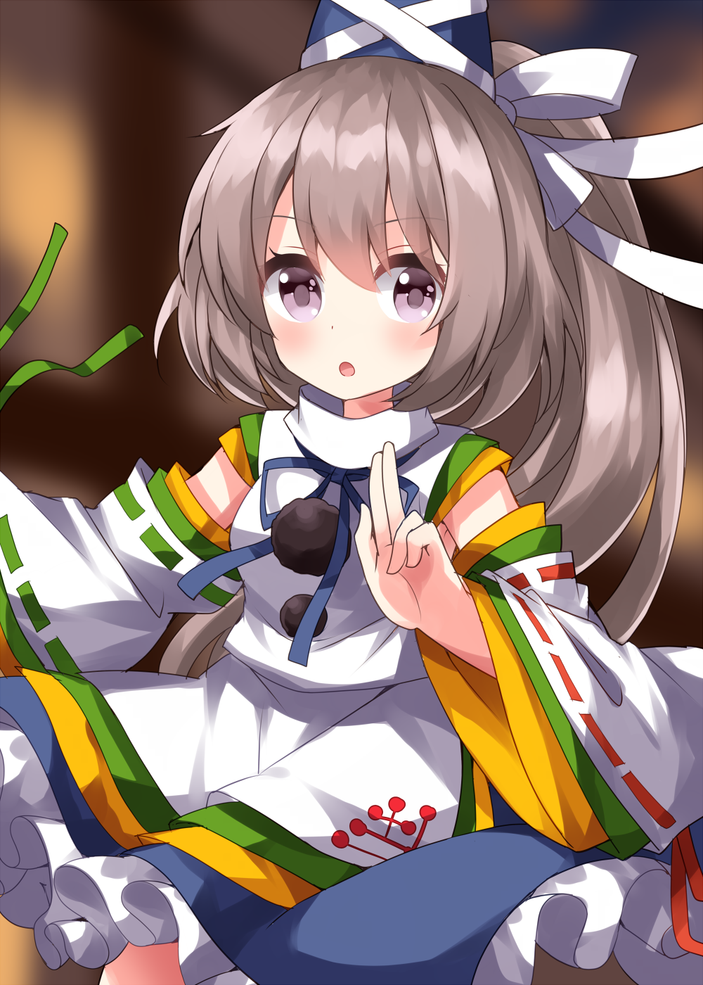 1girl :o blue_skirt blurry blurry_background blush brown_hair detached_sleeves frilled_skirt frills green_ribbon grey_eyes hand_gesture hat hat_ribbon highres japanese_clothes kariginu layered_clothes looking_at_viewer mononobe_no_futo one-hour_drawing_challenge pom_pom_(clothes) red_ribbon ribbon ribbon-trimmed_sleeves ribbon_trim ruu_(tksymkw) side_ponytail skirt solo tate_eboshi touhou white_ribbon