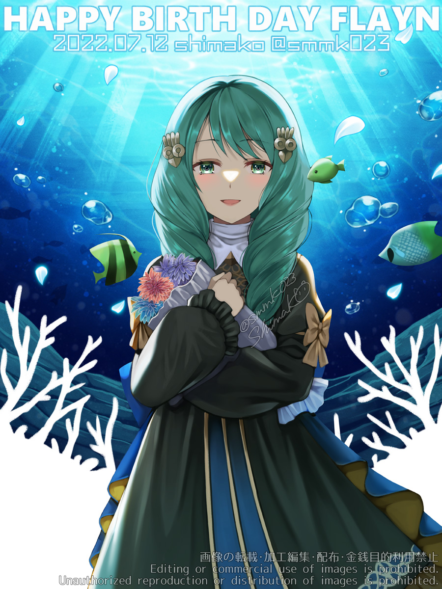 aquarium bangs bouquet caustics drill_hair fire_emblem fire_emblem:_three_houses fire_emblem_warriors:_three_hopes fish flayn_(fire_emblem) green_eyes highres holding holding_bouquet looking_at_viewer shimako_(smk023) smile solo twin_drills upper_body
